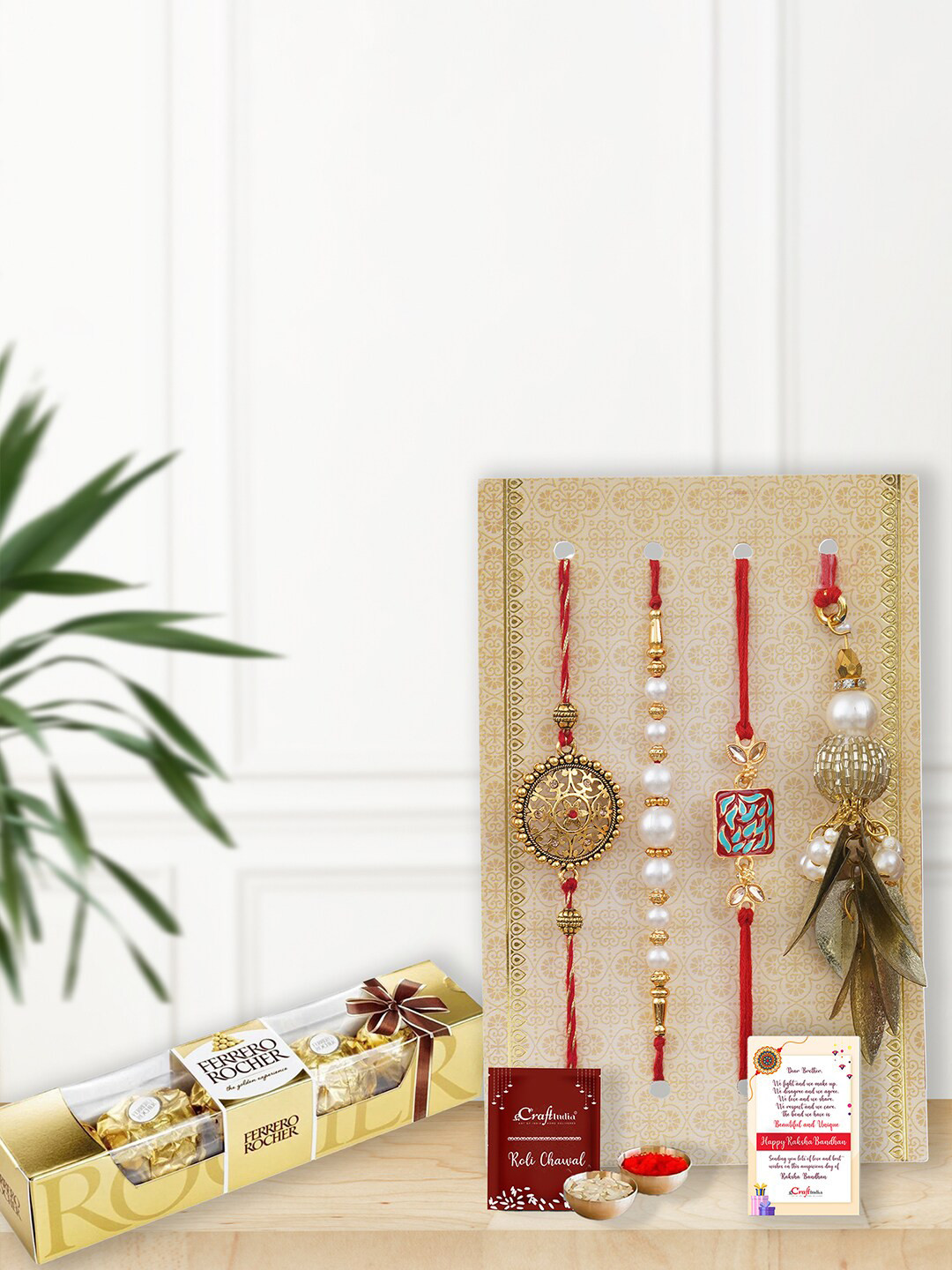 

eCraftIndia Set of 4 Floral, Pearls, Diamonds, Lumba Designer Rakhis With Ferrero Rocher, Red