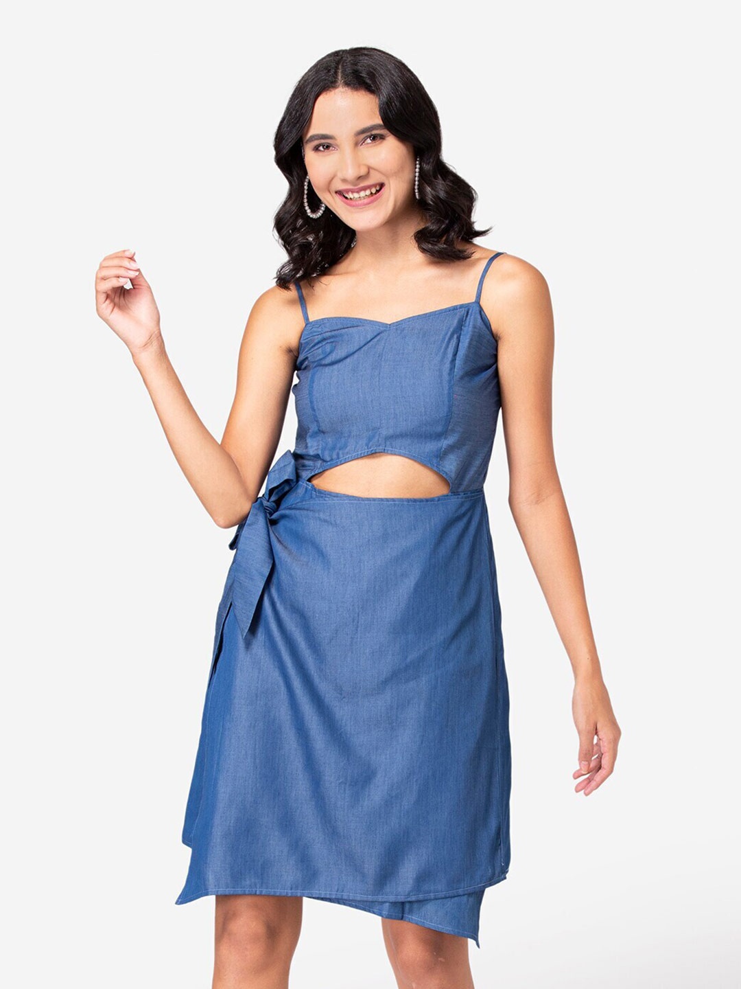 

YEROS Shoulder Straps Organic Cotton Denim A-Line Dress, Blue