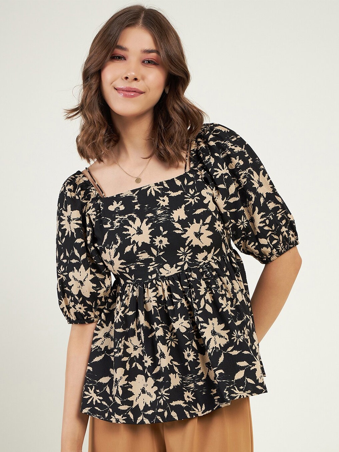 

JUNE & HARRY Floral Print Square Neck Top, Black