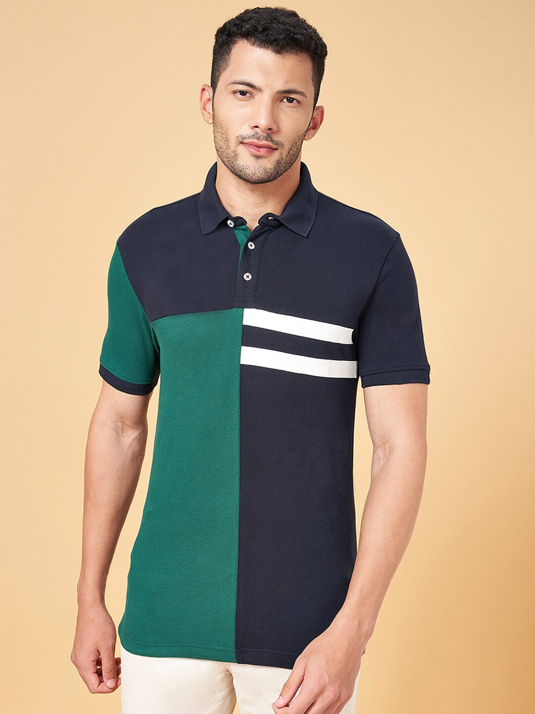

BYFORD by Pantaloons Colourblocked Polo Collar Slim Fit Cotton T-Shirt, Navy blue