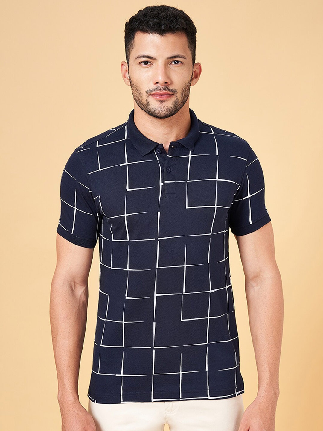 

BYFORD by Pantaloons Checked Polo Collar Slim Fit T-shirt, Navy blue