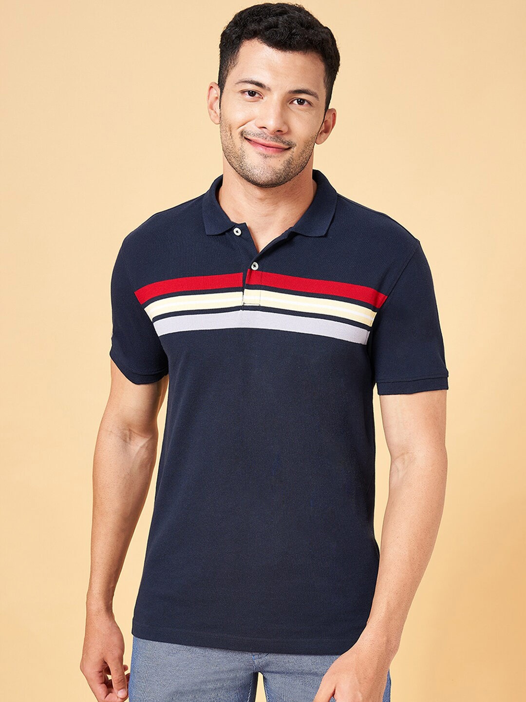 

BYFORD by Pantaloons Striped Polo Collar Slim Fit T-shirt, Navy blue
