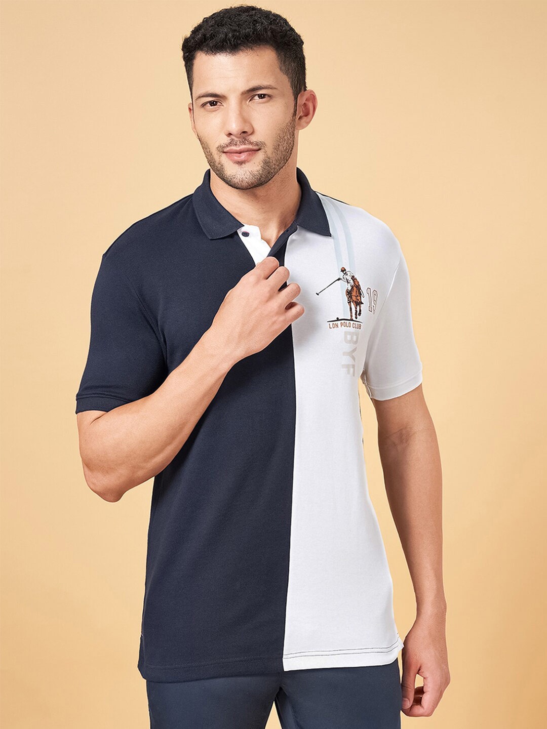 

BYFORD by Pantaloons Colourblocked Polo Collar Slim Fit T-shirt, Navy blue