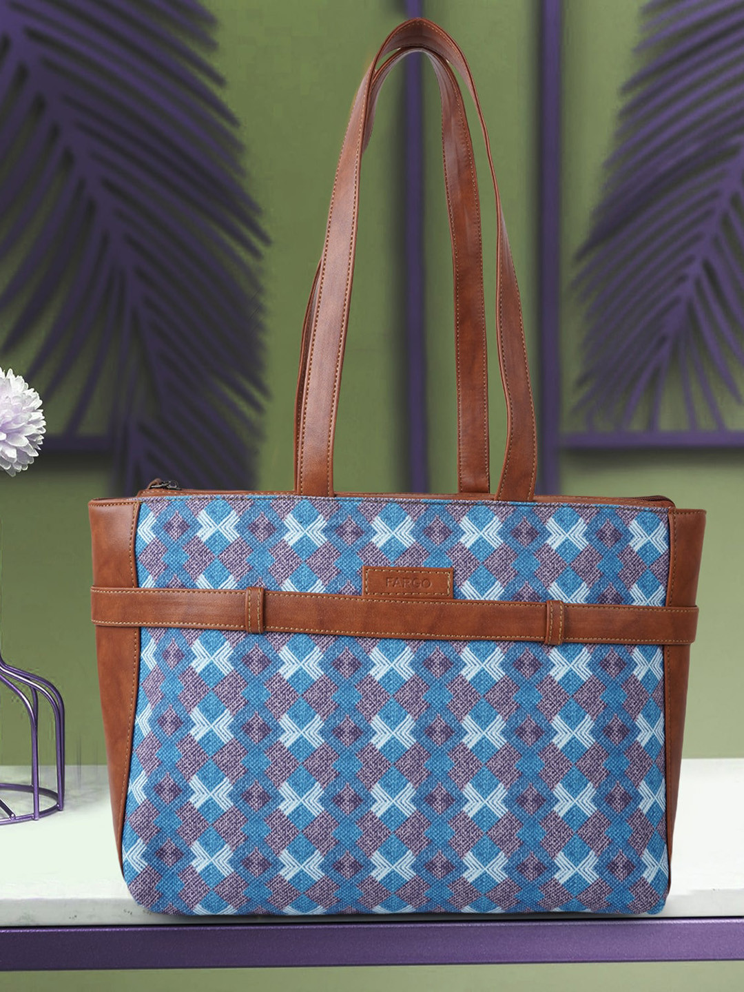 

FARGO Geometric Printed Oversized Structured Tote Bag, Blue