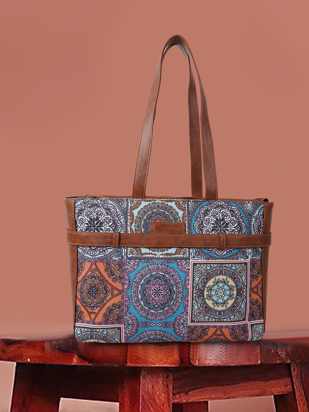 

FARGO Ethnic Motifs Printed Oversized Structured Tote Bag, Blue