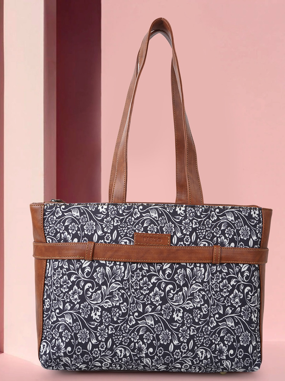 

FARGO Floral Printed Oversized Structured Tote Bag, Black
