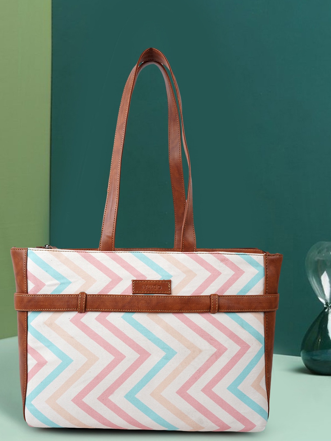 

FARGO Geometric Printed Oversized Structured Tote Bag, Off white