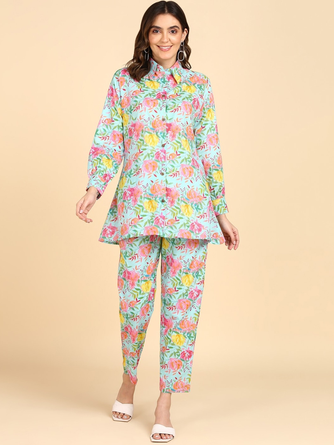 

VEDANA Floral Printed Pure Cotton Shirt & Trousers Co-Ord Set, Blue