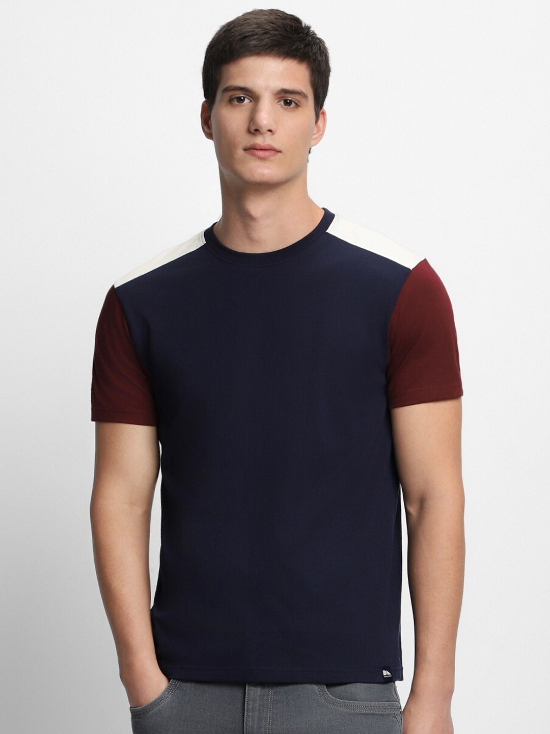 

Dennis Lingo Regular Fit Round Neck Colorblocked Cotton Tshirt, Navy blue