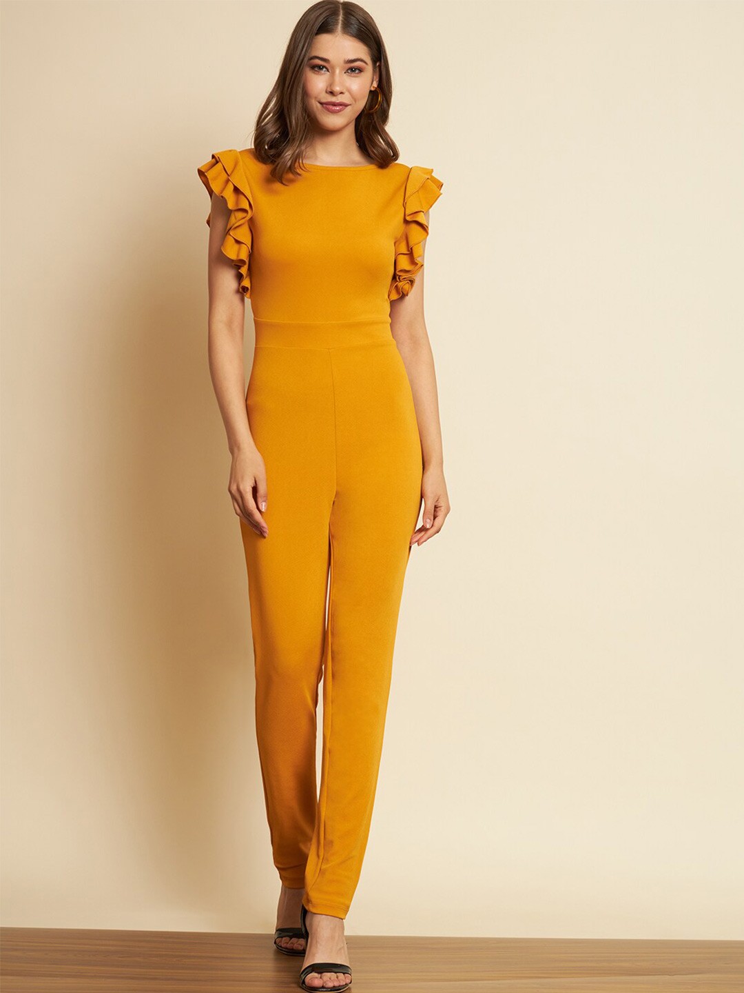 

BAESD Boat Neck Ruffled Basic Jumpsuit, Yellow