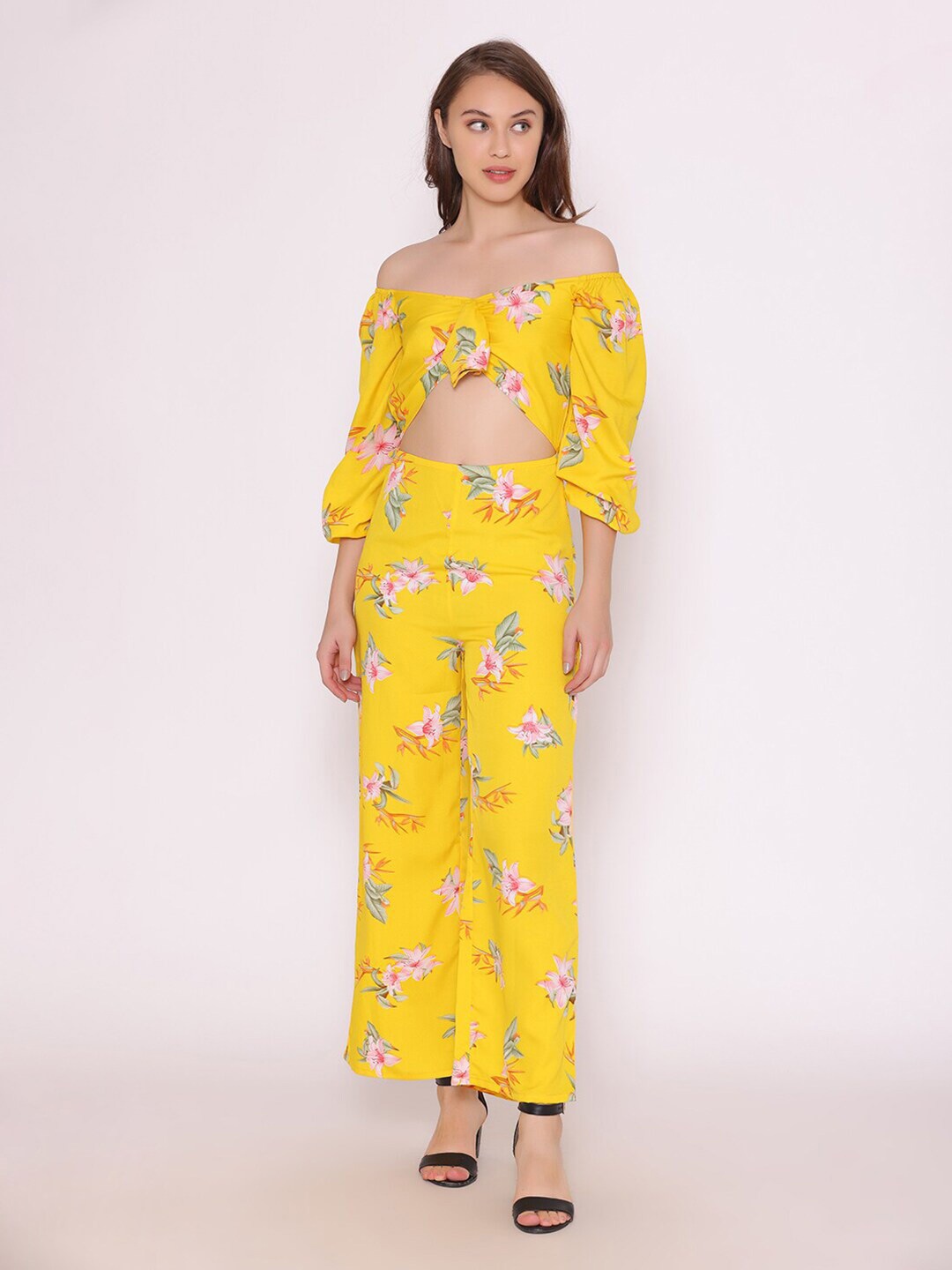 

YEROS Off-Shoulder Floral Printed Basic Jumpsuit, Yellow