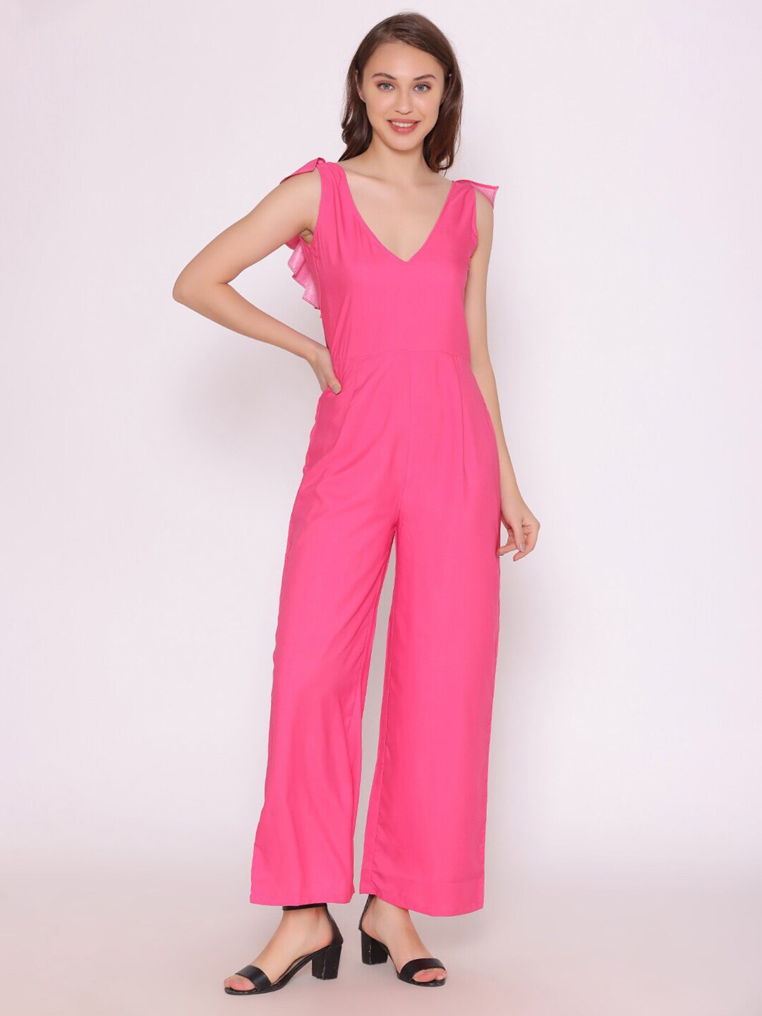 

YEROS V-Neck Ruffled Basic Jumpsuit, Pink