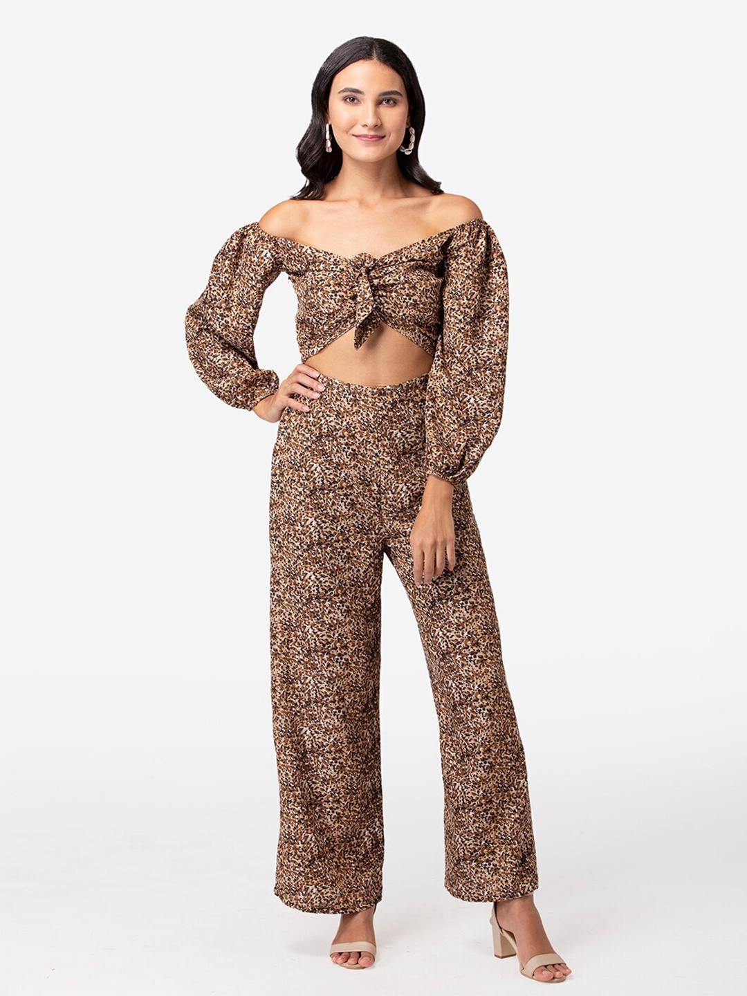 

YEROS Printed Off-Shoulder Basic Jumpsuit, Brown