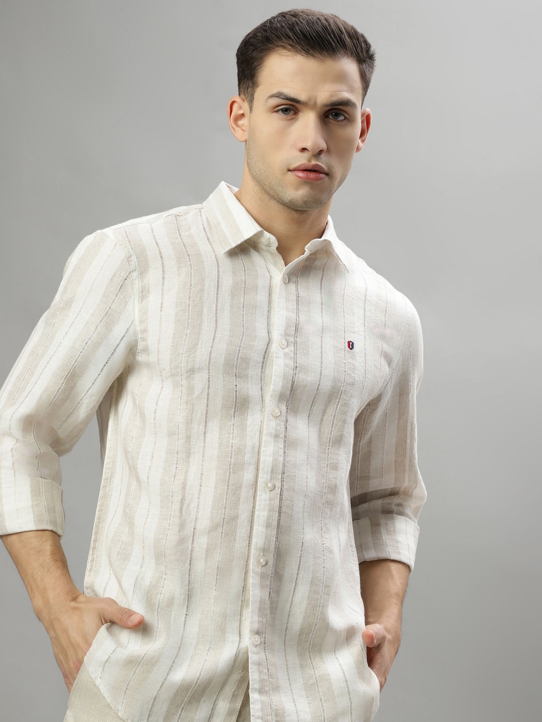 

Iconic Striped Spread Collar Cotton Casual Shirt, White