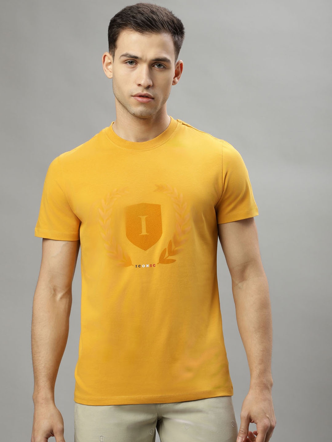 

Iconic Graphic Printed Round Neck T-shirt, Yellow