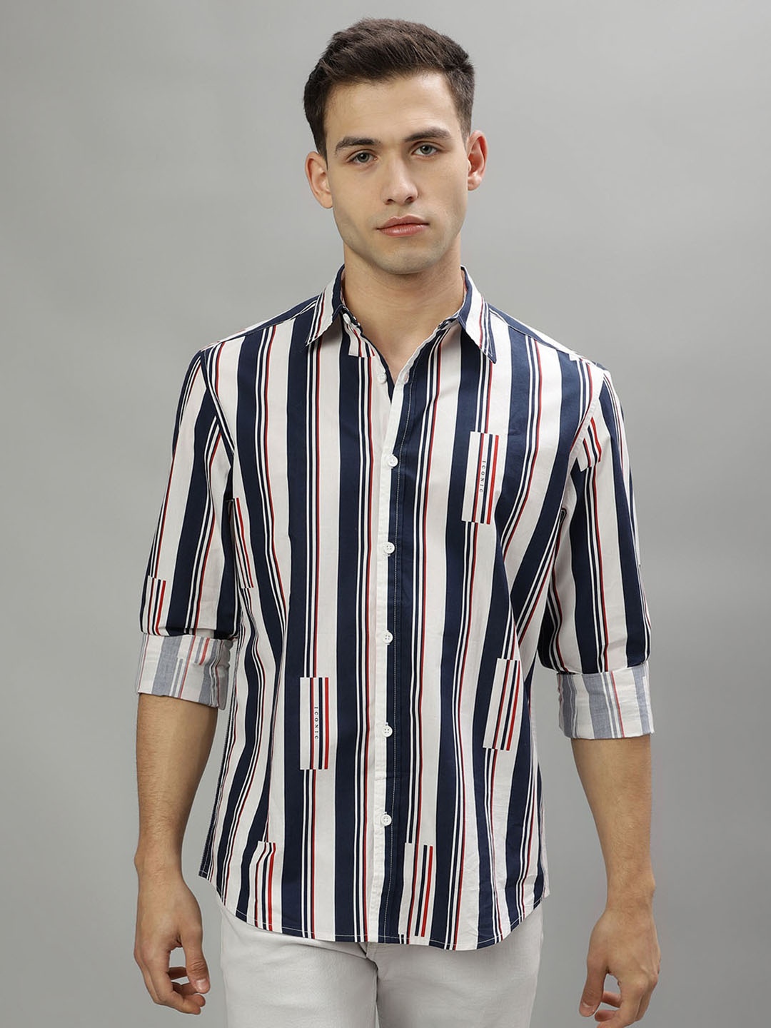 

Iconic Striped Button-Down Collar Cotton Casual Shirt, White