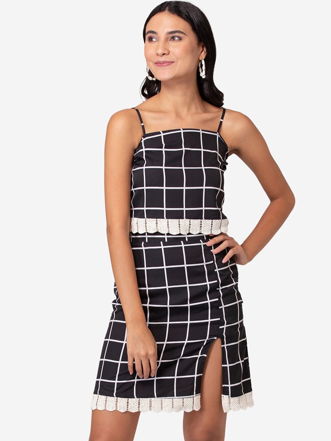 

YEROS Checked Shoulder Straps Top With Skirt, Black