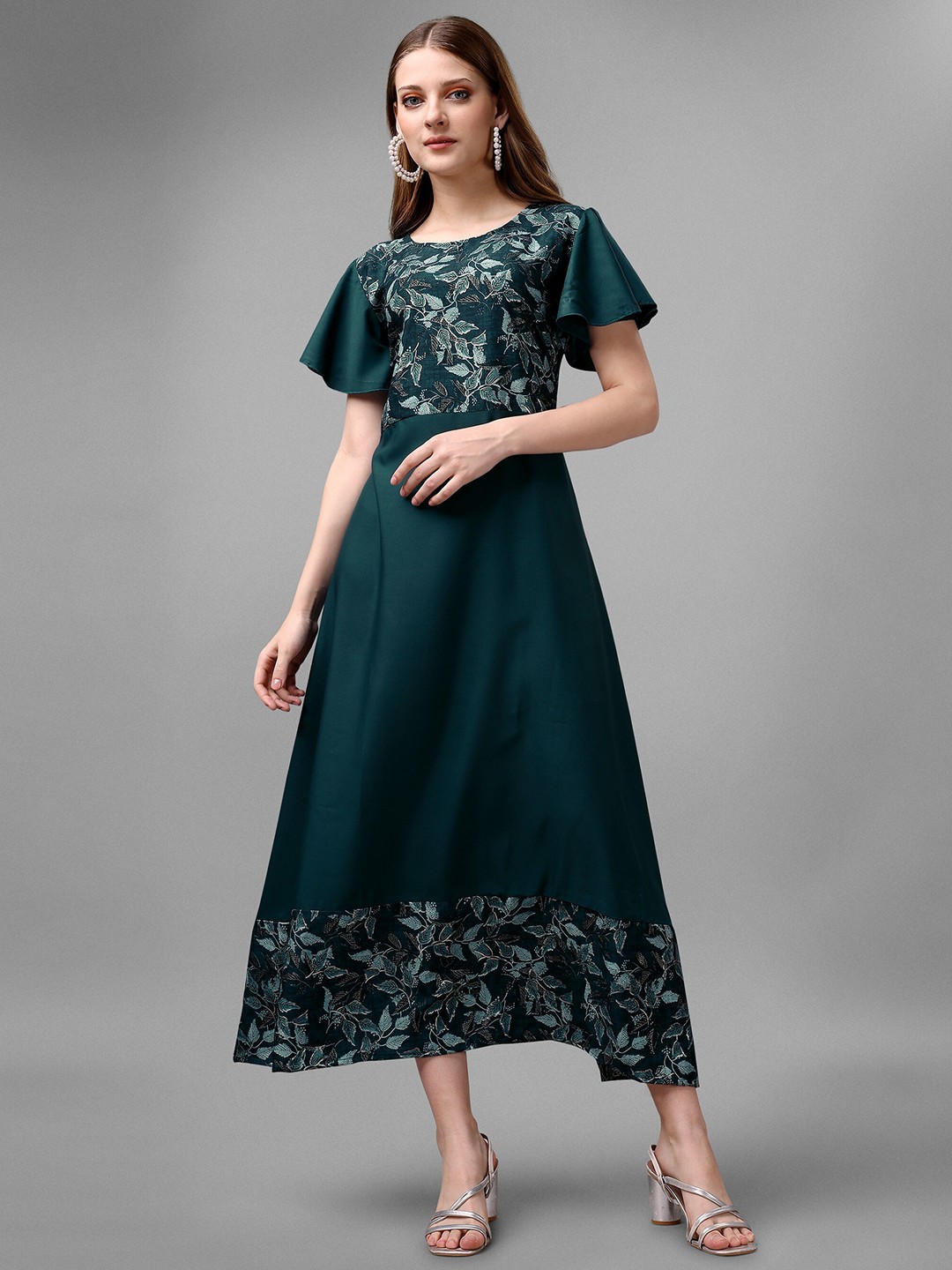 

ASPORA Floral Printed Flared Sleeve Fit and Flare Midi Dress, Teal