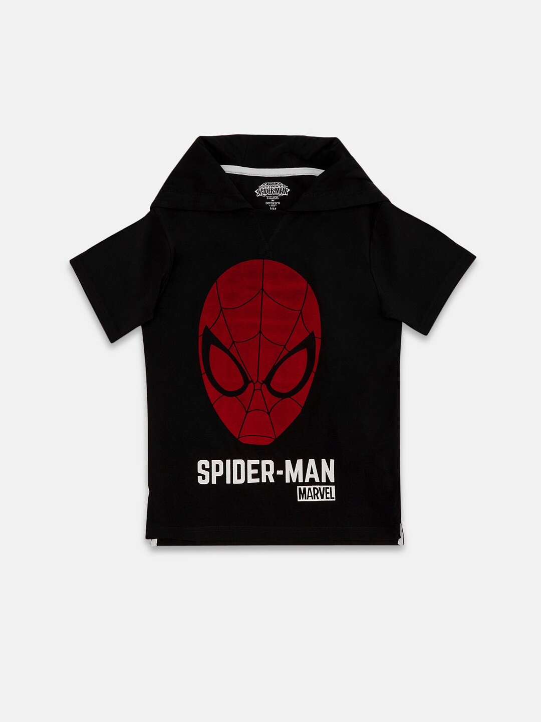 

Pantaloons Junior Boys Spiderman Graphic Printed Hooded Cotton T-Shirt, Black