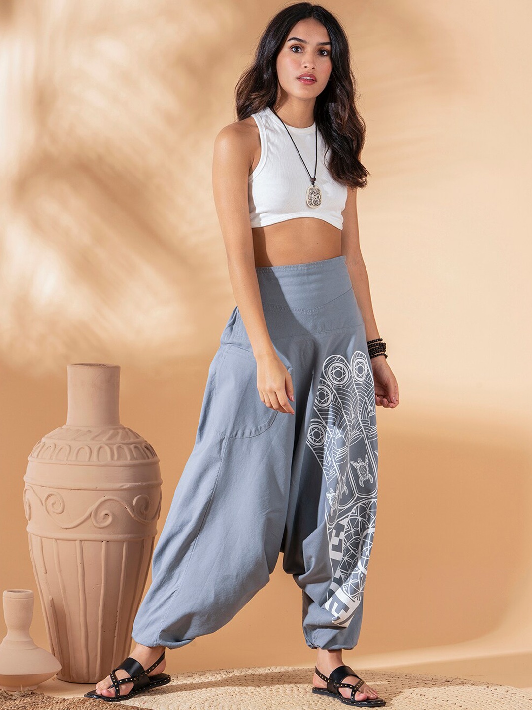 

The Veshti Company Women Printed Pure Cotton Loose-Fit Harem Pants, Grey