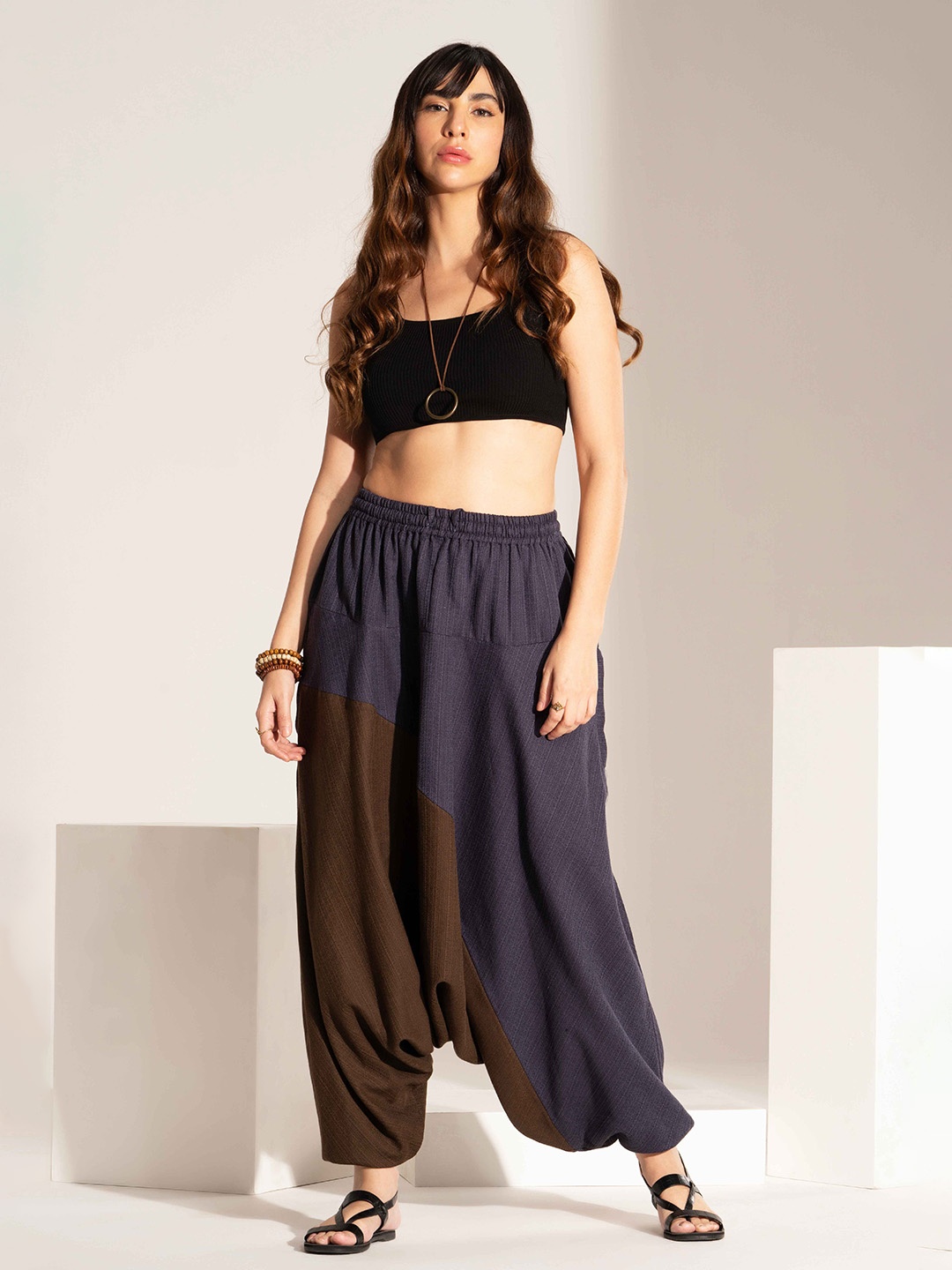 

The Veshti Company Women Printed Pure Cotton Loose-Fit Harem Pants, Blue