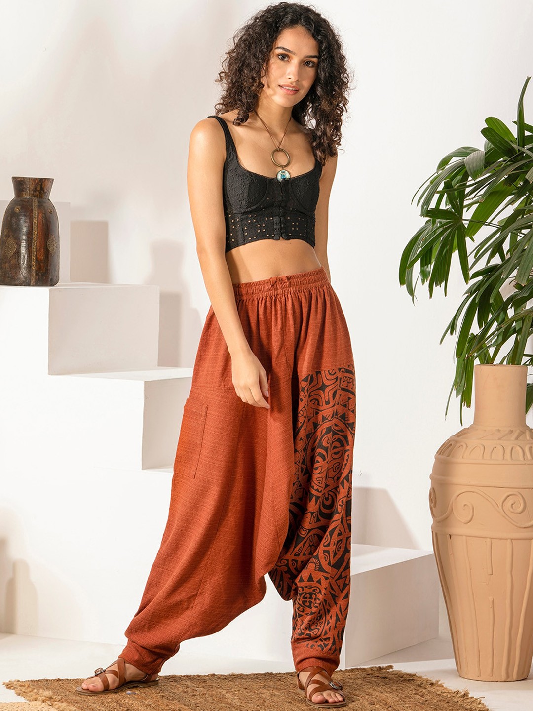 

The Veshti Company Women Tribal Printed Pure Cotton Loose-Fit Harem Pants, Orange