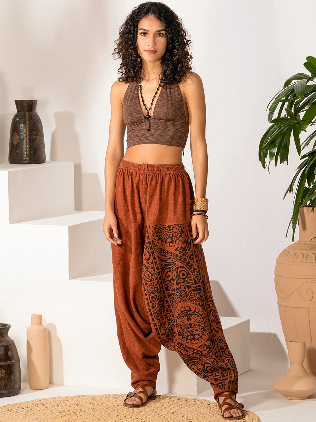 

The Veshti Company Women Tribal Printed Pure Cotton Loose-Fit Harem Pants, Orange