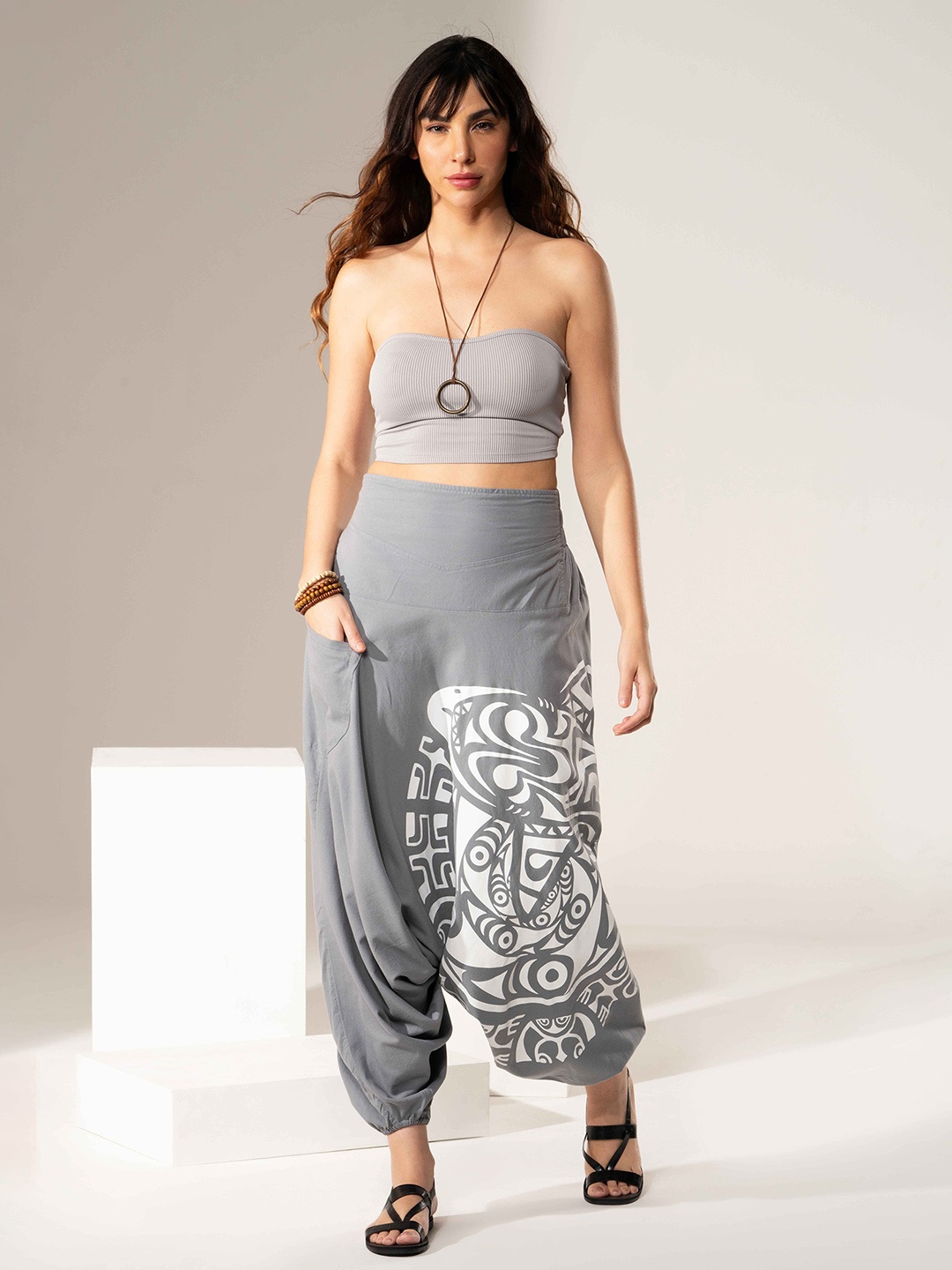 

The Veshti Company Women Tribal Printed Pure Cotton Loose-Fit Harem Pants, Grey