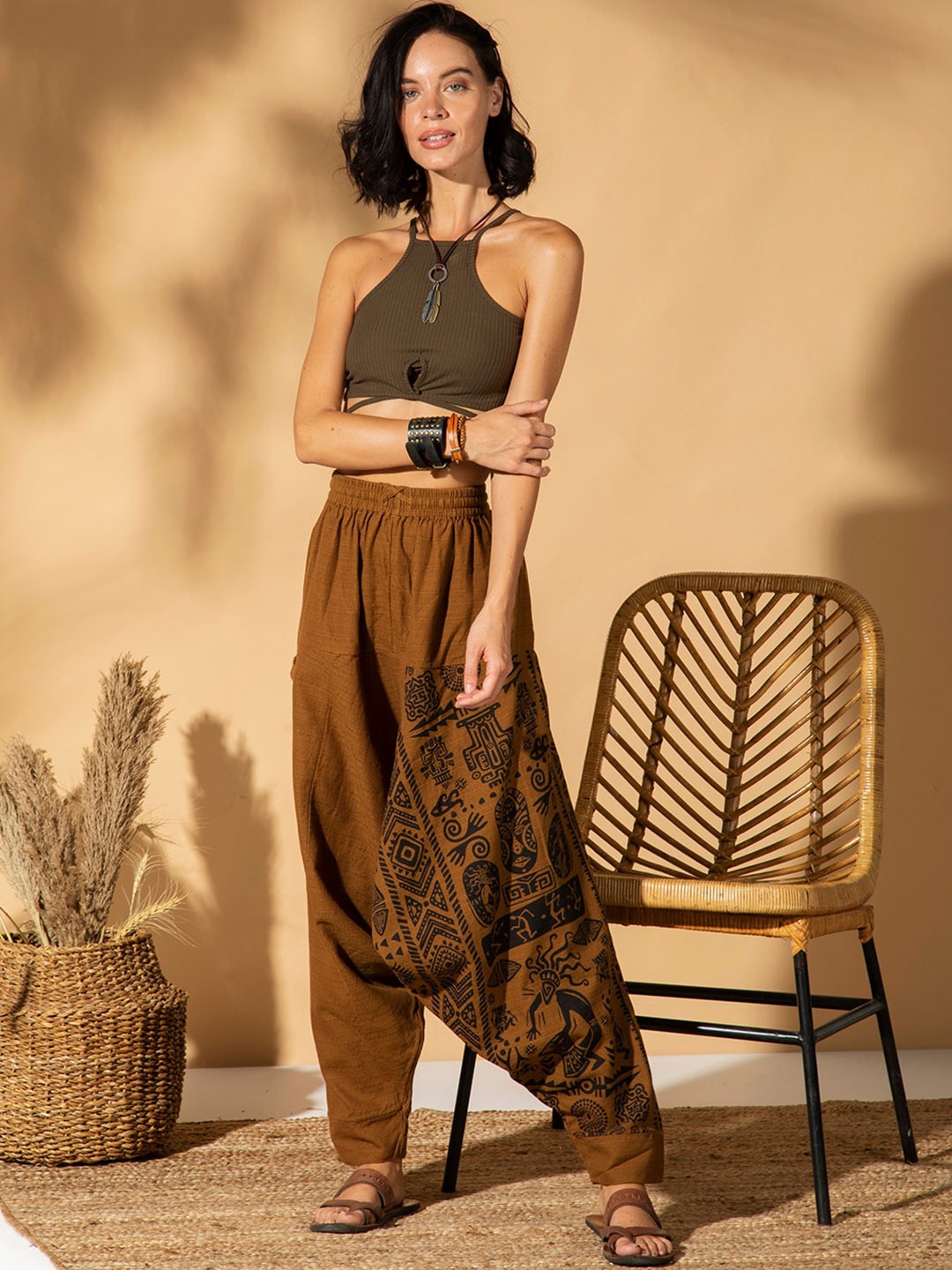 

The Veshti Company Women Tribal Printed Pure Cotton Loose-Fit Harem Pants, Mustard