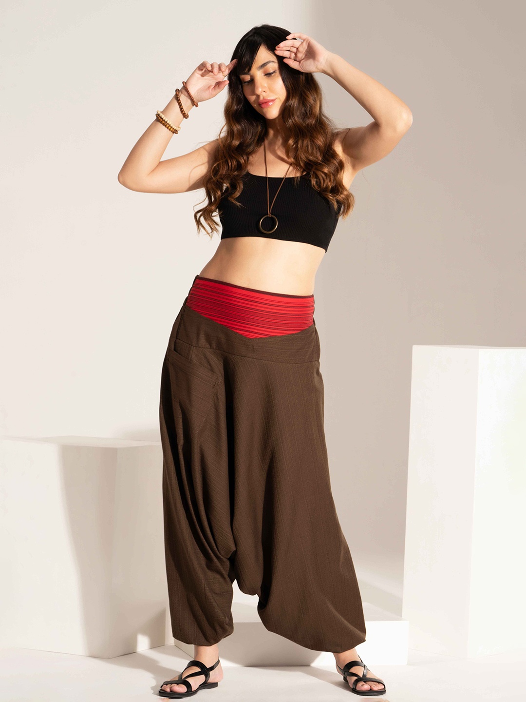 

The Veshti Company Women Pure Cotton Loose-Fit Harem Pants, Brown