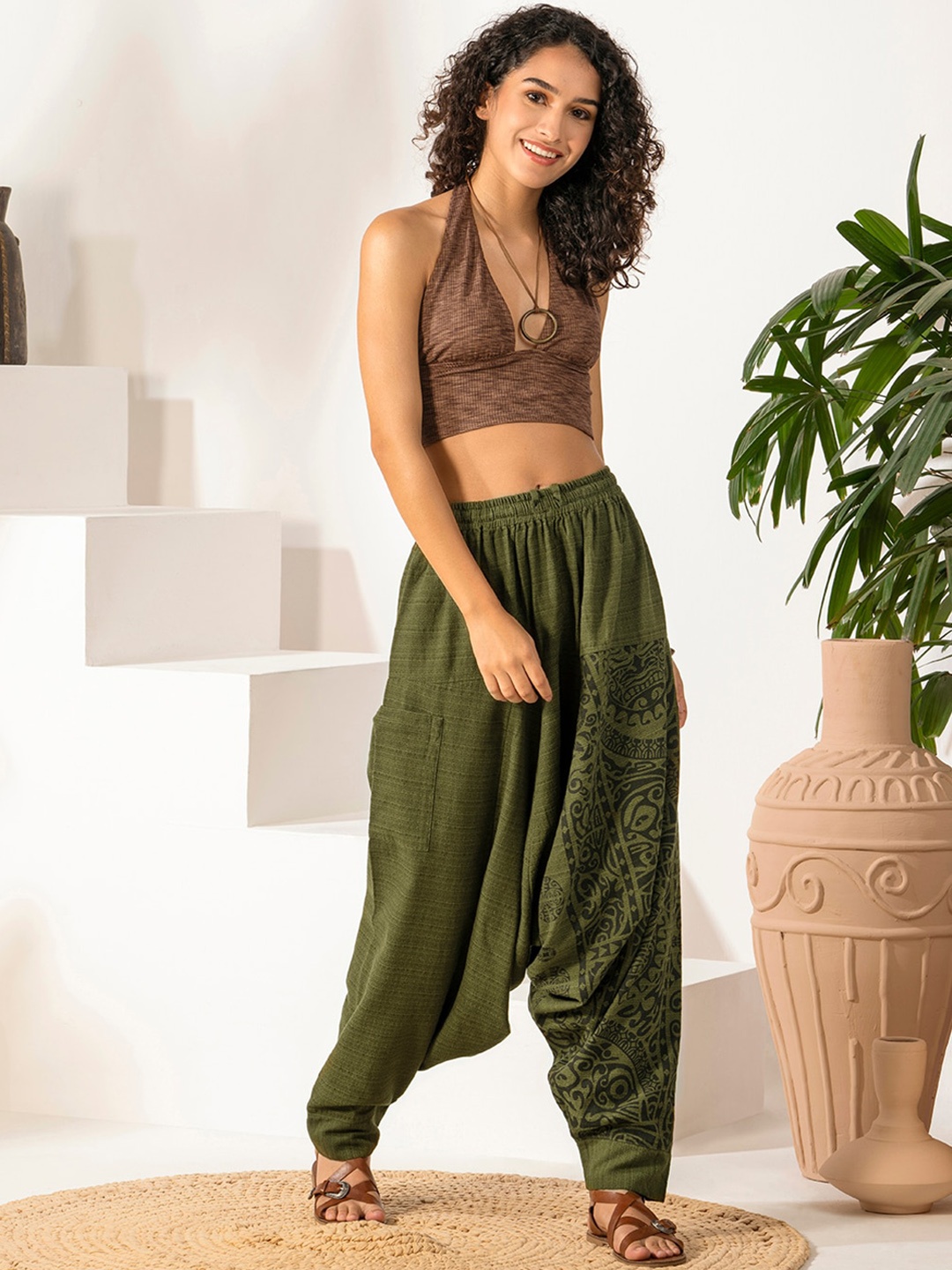 

The Veshti Company Women Tribal Printed Pure Cotton Loose-Fit Harem Pants, Green