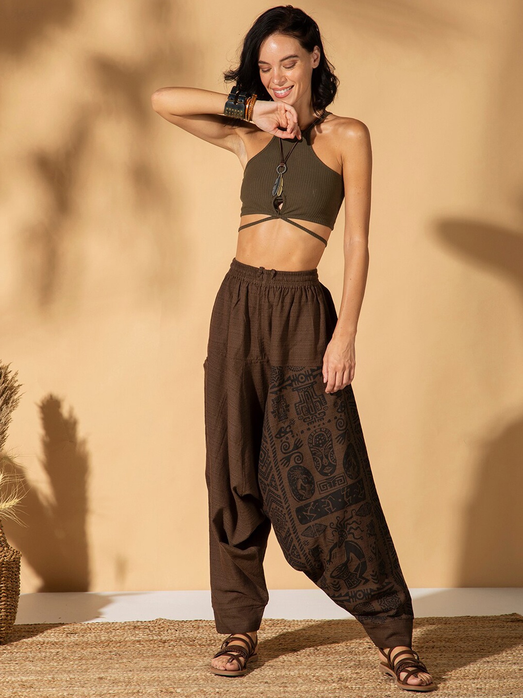 

The Veshti Company Women Tribal Printed Pure Cotton Loose-Fit Harem Pants, Brown