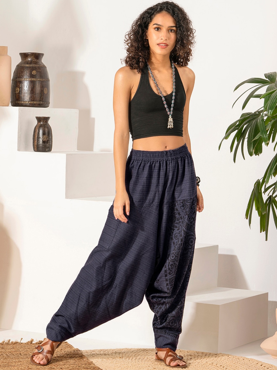 

The Veshti Company Women Tribal Printed Pure Cotton Loose-Fit Harem Pants, Blue