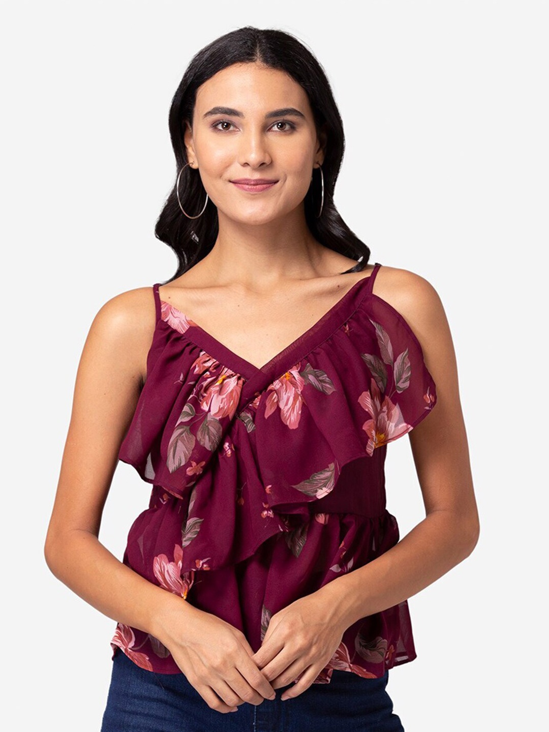

YEROS Embellished Georgette Tiered Top, Maroon
