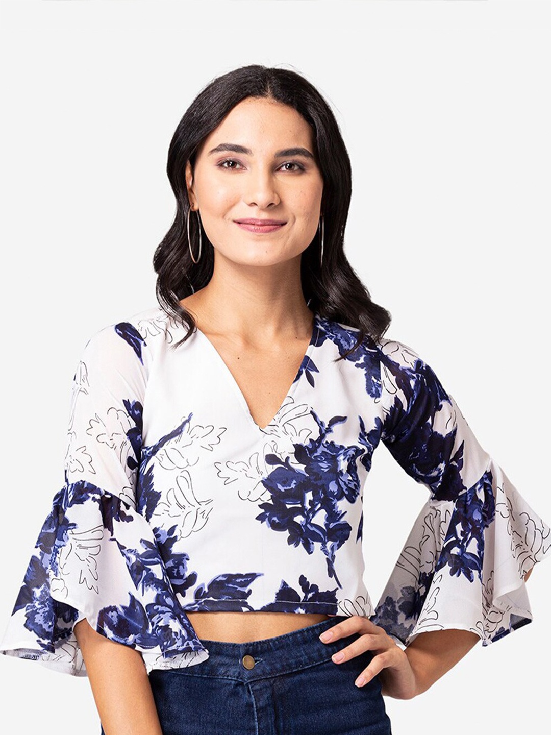 

YEROS Floral Print Bell Sleeve Georgette Wrap Crop Top, White