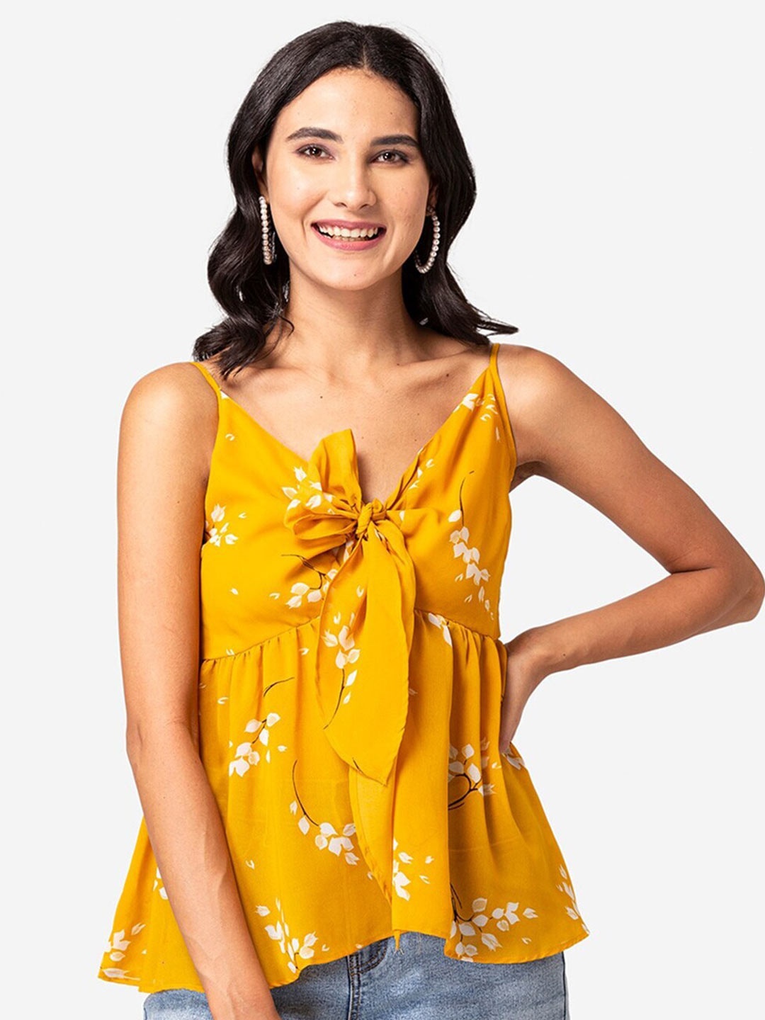 

YEROS Floral Print Georgette Empire Top, Yellow