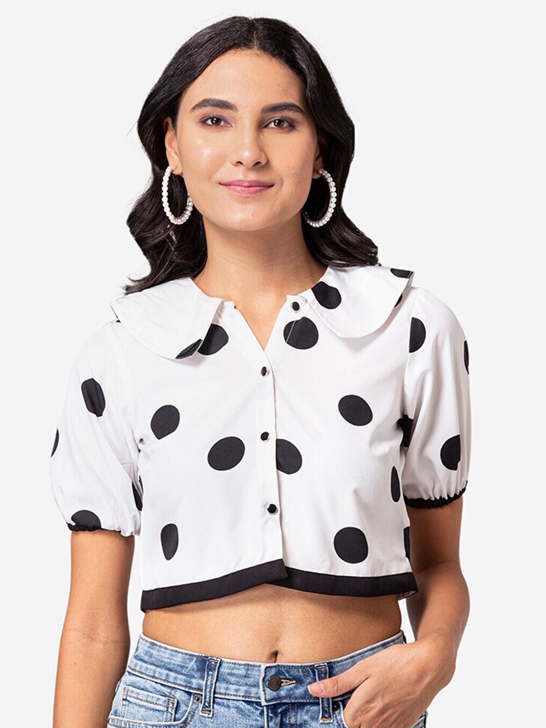 

YEROS Polka Dot Print Puff Sleeve Shirt Style Crop Top, White