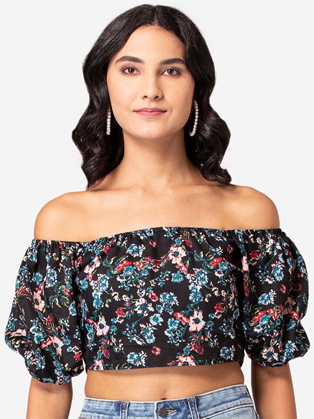 

YEROS Floral Printed Off-Shoulder Puff Sleeve Bardot Crop Top, Black