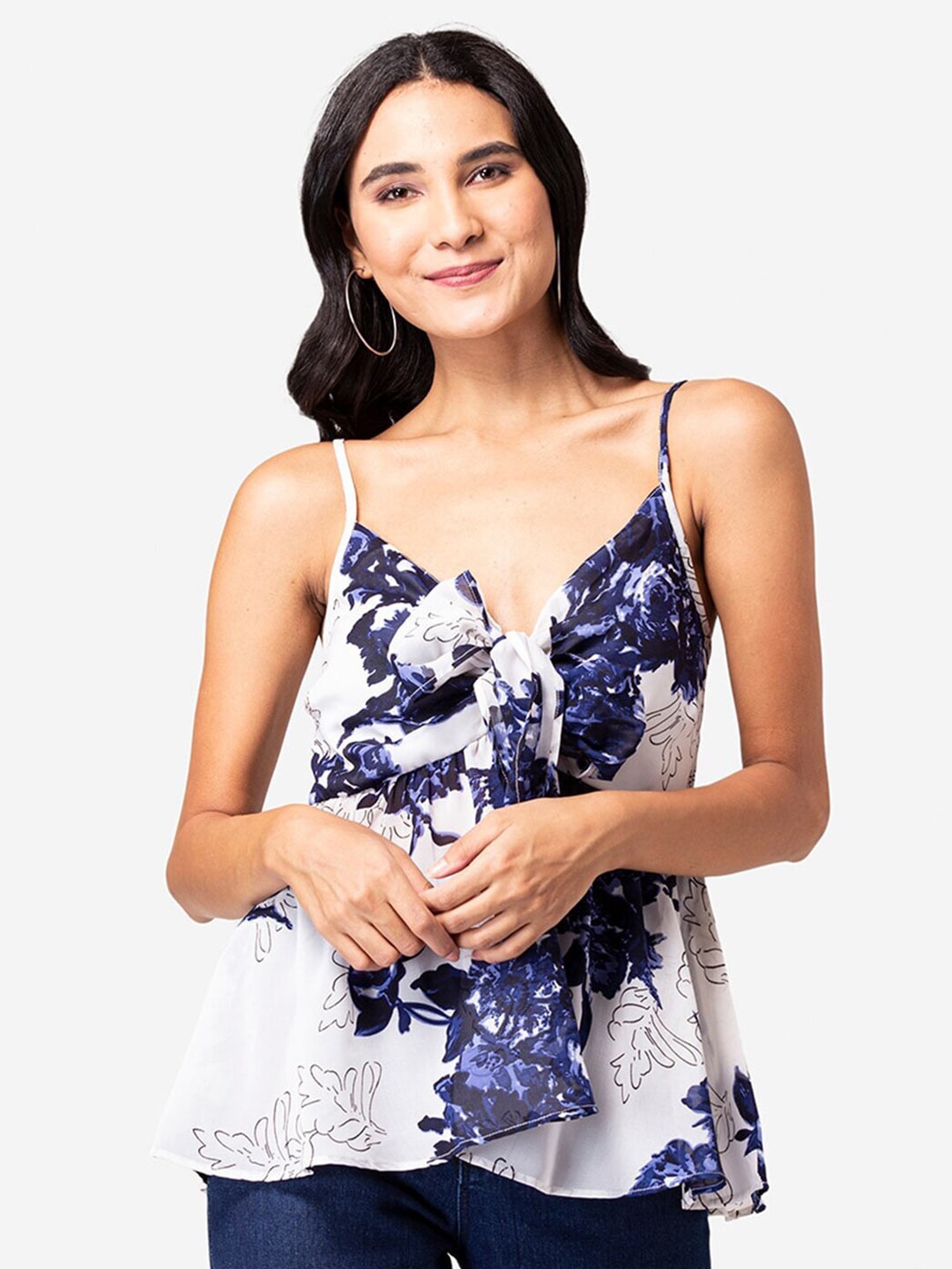 

YEROS Floral Printed Shoulder Straps A-Line Top, White