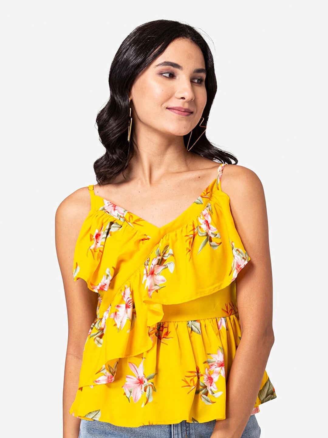 

YEROS Floral Printed Shoulder Straps Ruffled A-Line Top, Yellow