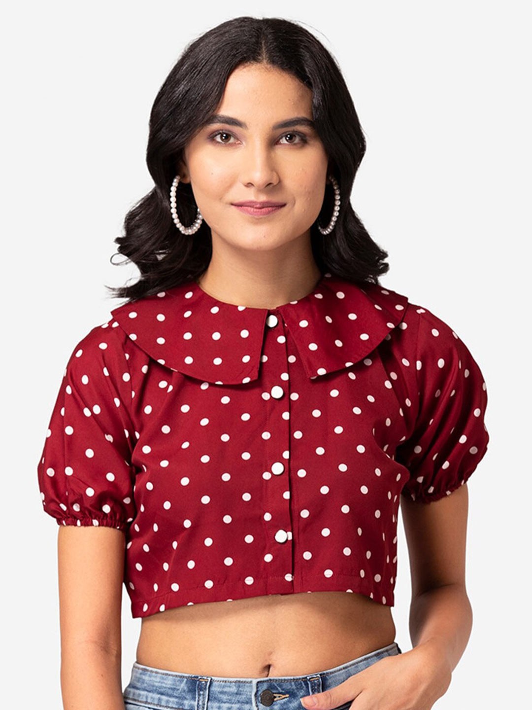 

YEROS Polka Dot Printed Puff Sleeve Shirt Style Crop Top, Maroon