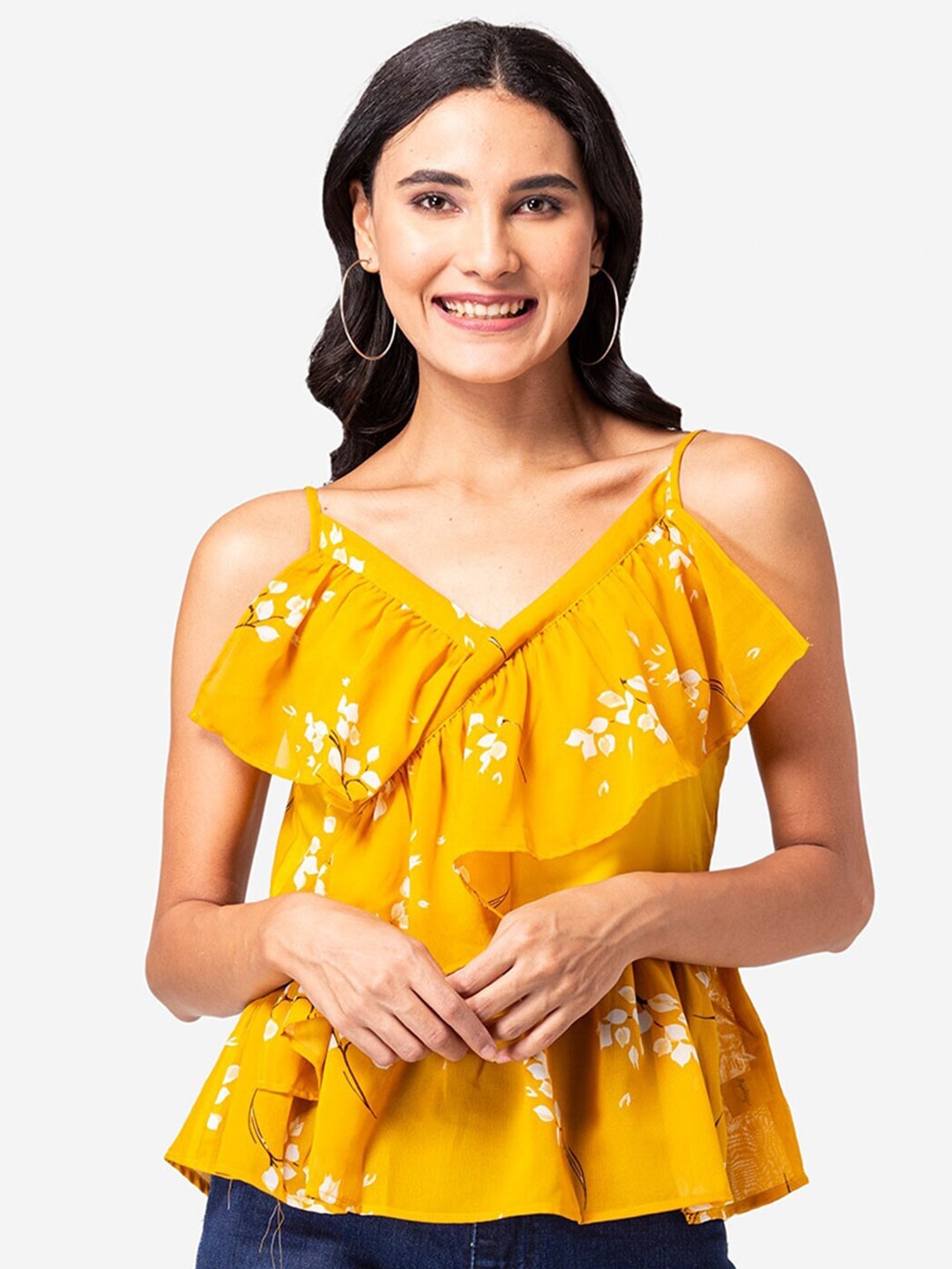 

YEROS Floral Printed Ruffled Peplum Top, Yellow