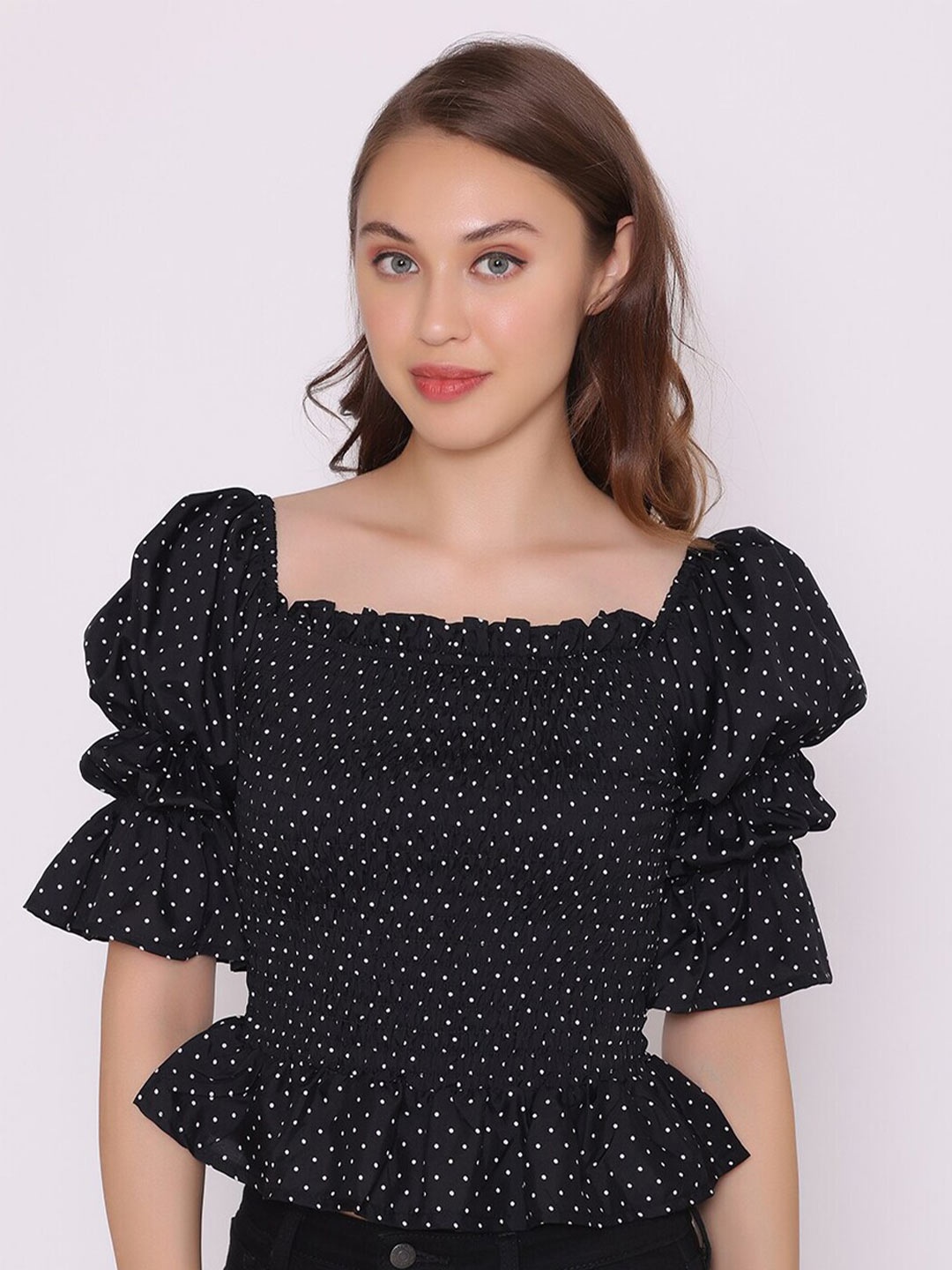 

YEROS Polka Dot Printed Bell Sleeve Smocked Peplum Top, Black