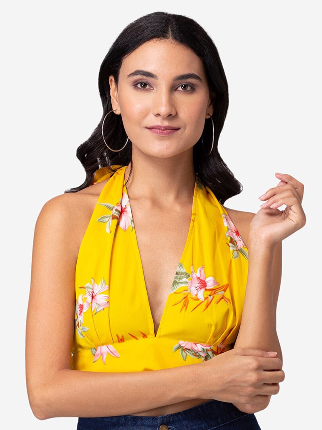 

YEROS Floral Printed Halter Neck Bralette Crop Top, Yellow