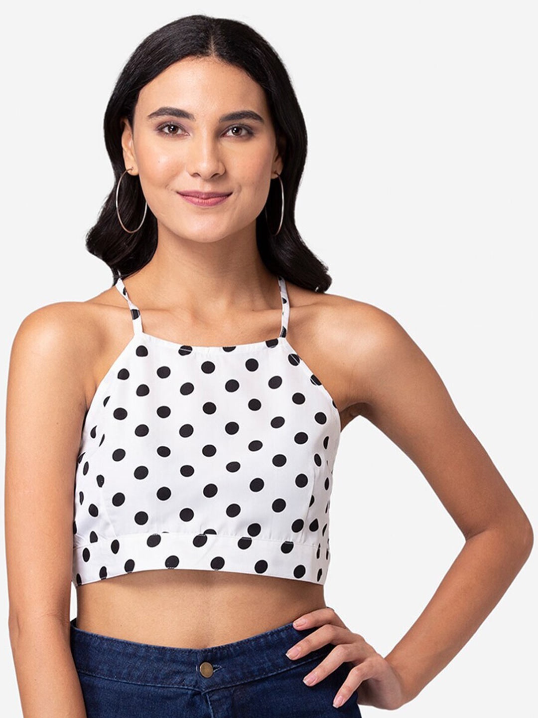 

YEROS Polka Dot Printed Styled Back Crop Top, White