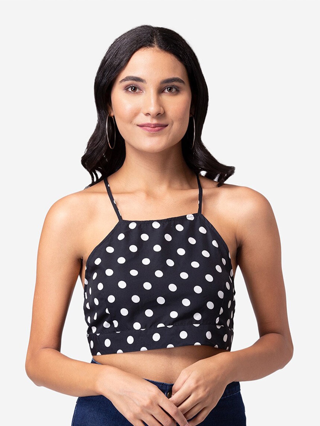 

YEROS Shoulder Straps Polka Dot Printed Styled Back Crop Top, Black
