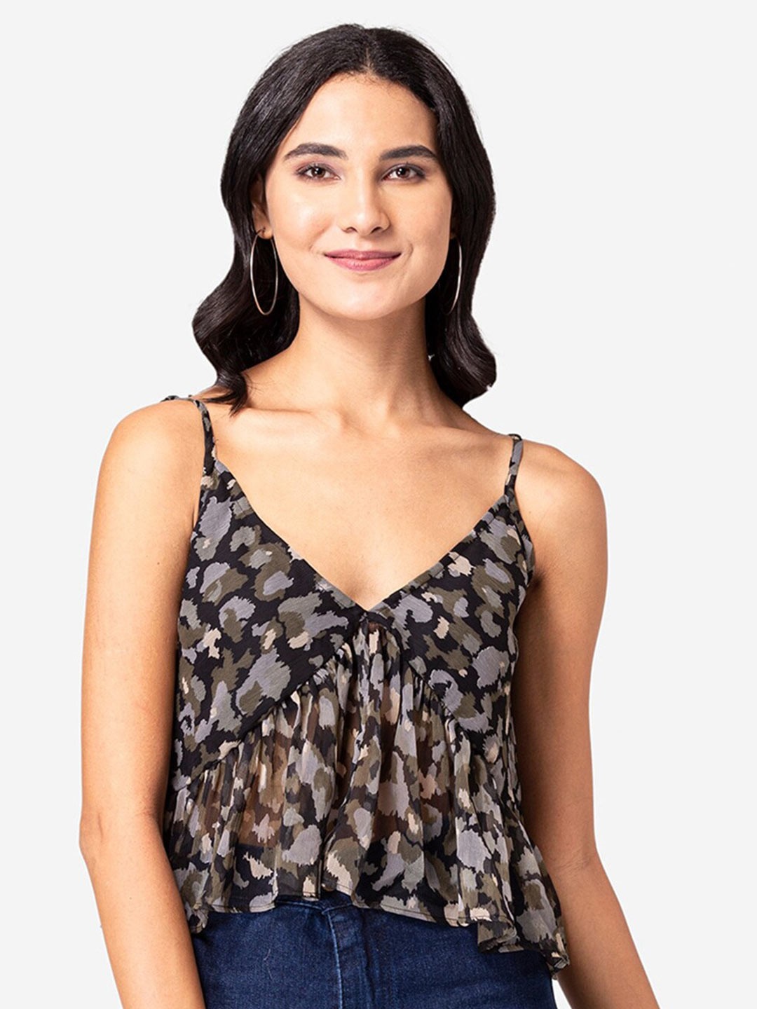 

YEROS Abstract Printed Empire Top, Black