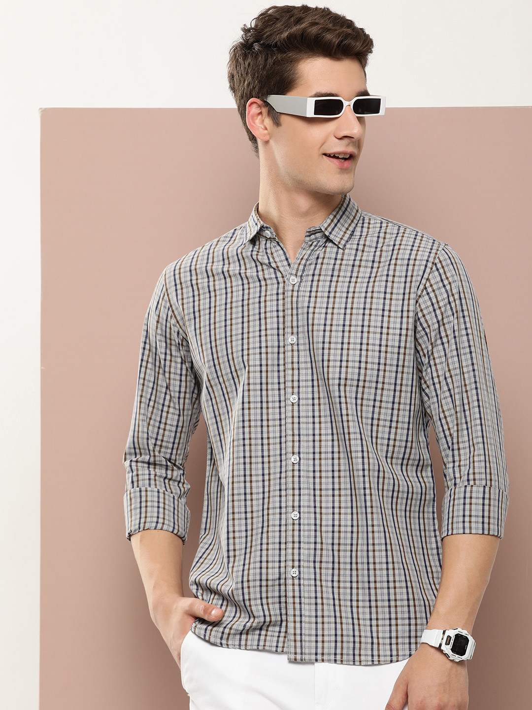 

Harvard Men Classic Slim Fit Tartan Checks Casual Shirt, Grey