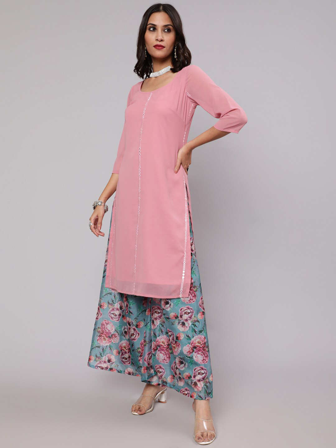 

AKS Couture Round Neck Mirror Work Georgette Kurta With Palazzos, Pink