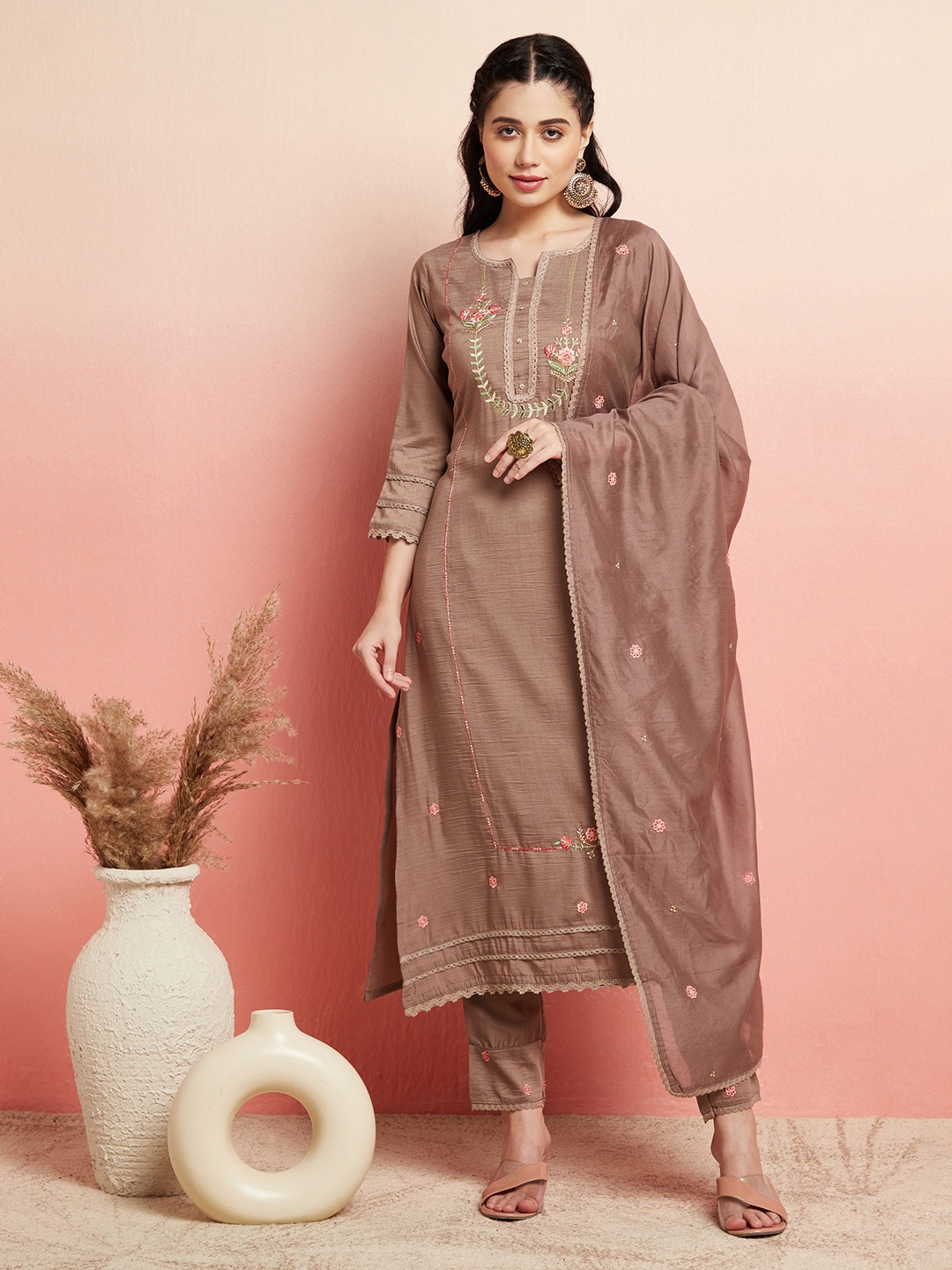 

AKS Couture Floral Embroidered Thread Work Kurta With Trousers & Dupatta, Brown